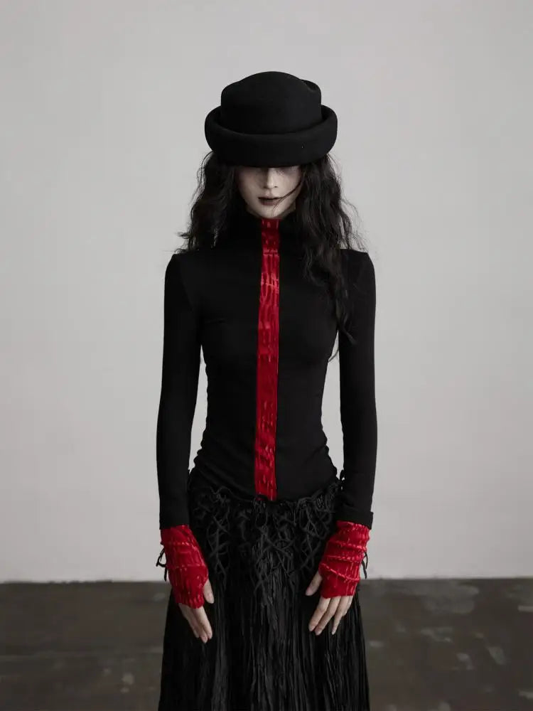 Seeslim Patchwork Turtleneck Women's T-shirt Goth 2000s Clothes Y2k Long Sleeve Autumn Winter Tops Tees Female Clothing Gothic