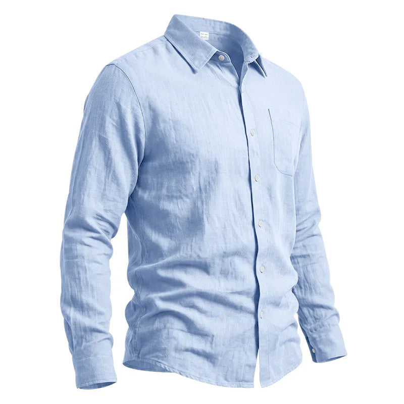 Casual Men's Loose Linen Lapel Pocket Button Casual Vacation Solid Color Long Sleeve Shirt Men's