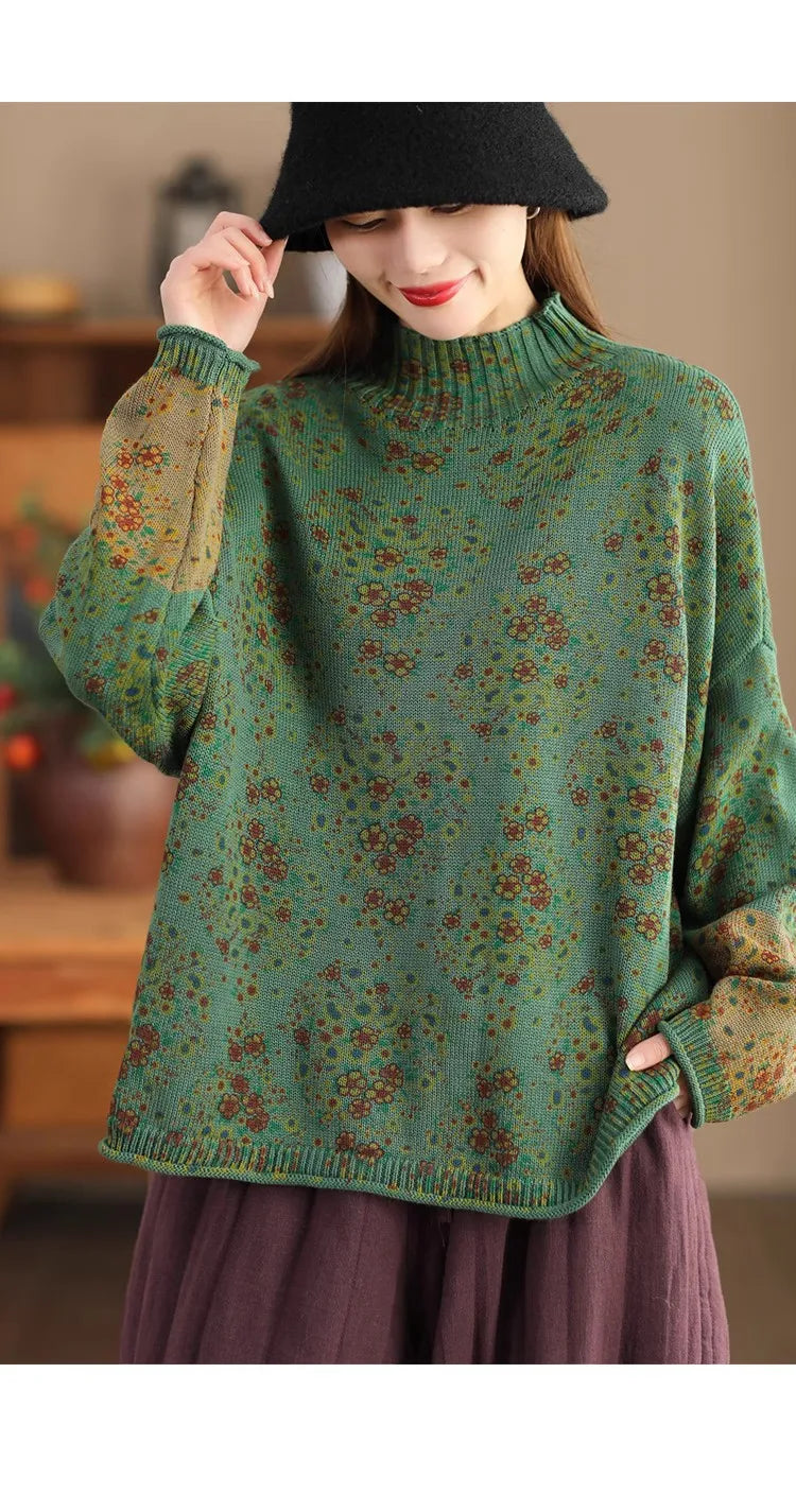 Winter Fall Fashion Vintage Floral Printed Half-turtle Neck Sweater for Women 2025 New Fashion Long Sleeve Loose Casual Knitwear
