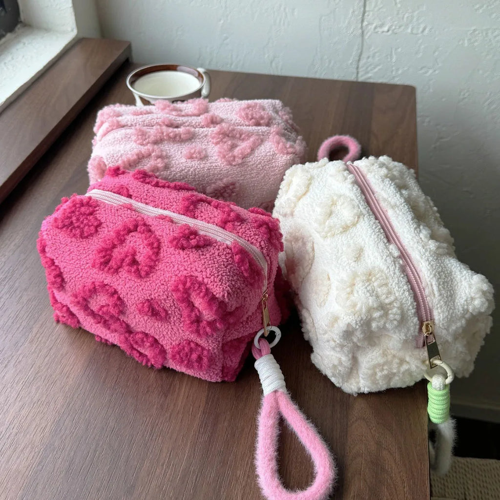 Plush Makeup Bags with Handle Soft Travel Cosmetic Storage Bag Portable Love Print Organizer Pencil Case Cute Clutch Pouch