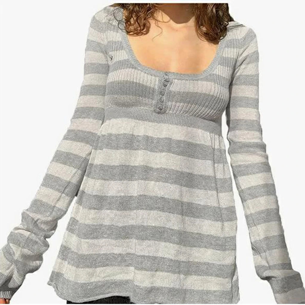 Womens Knit Long Sleeve Black White Horizontal Striped Tee Shirt Scoop Neck Casual Fall Fashion Going Out Tops