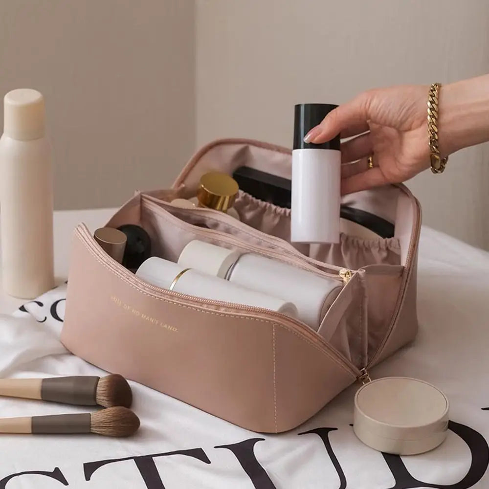 Portable Large Capacity Makeup Travel Cosmetic Bag Organizer with Brushes Slots Dividers Multifunction Storage Case