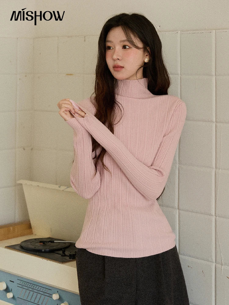 MISHOW Women's Long-sleeved Tops 2025 Winter Simple Solid Turtleneck Sweater Vertical Ribbed Slim Fit Casual Top MXE86Z2656