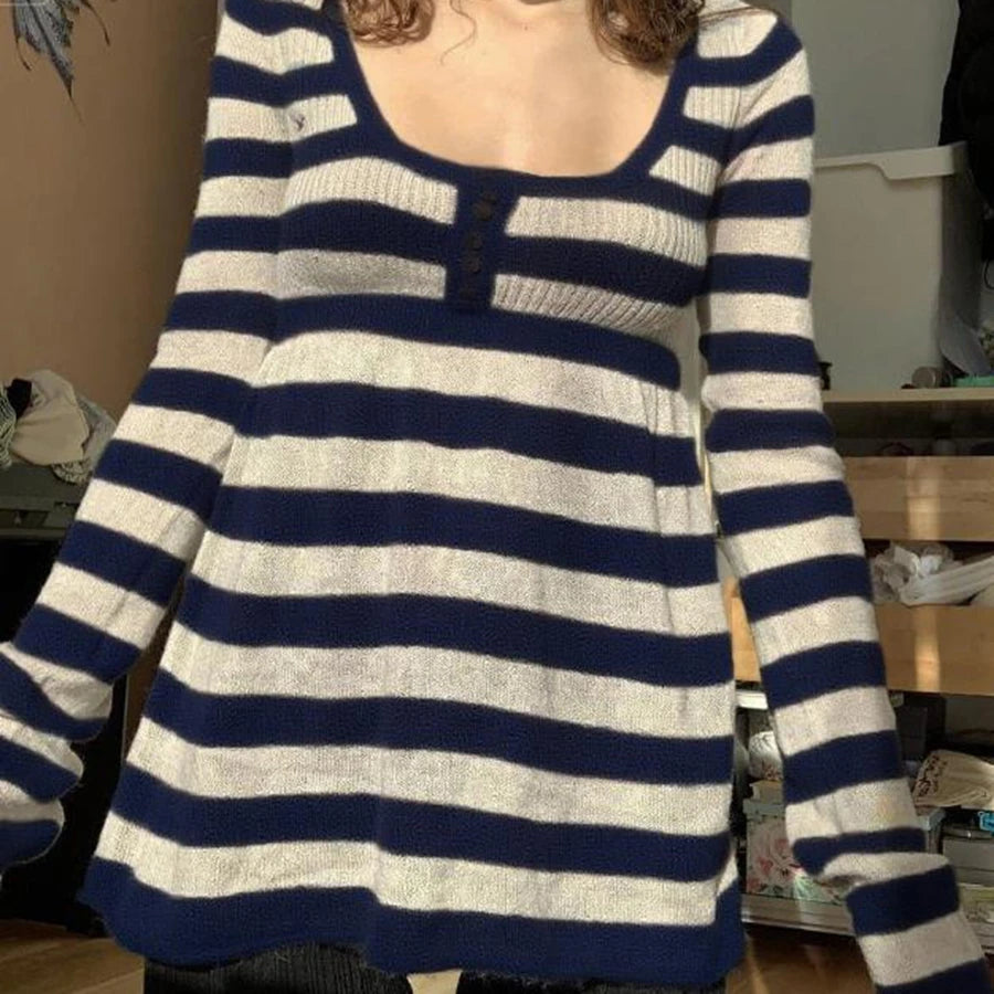 Womens Knit Long Sleeve Black White Horizontal Striped Tee Shirt Scoop Neck Casual Fall Fashion Going Out Tops
