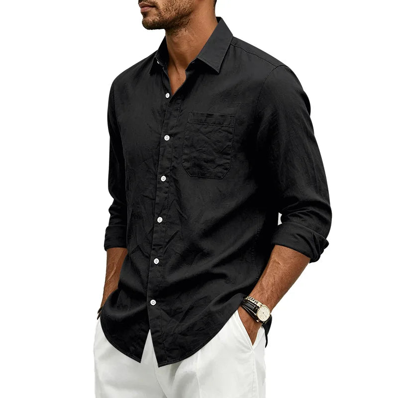 Casual Men's Loose Linen Lapel Pocket Button Casual Vacation Solid Color Long Sleeve Shirt Men's