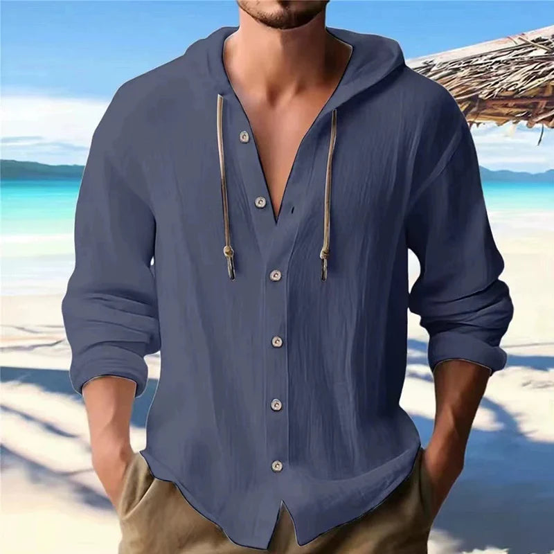 Men's Linen Shirt Solid Streetwear Long Sleeve Hoodie Cardigan Clothing For Men Button Tops Casual Loose Men Hooded Shirt