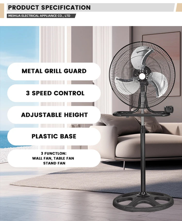 18\" Pedestal Floor & Wall Fan with Aerodynamic Blades 3 Speeds Mechanical Control Electric Power Source Metallic Finish