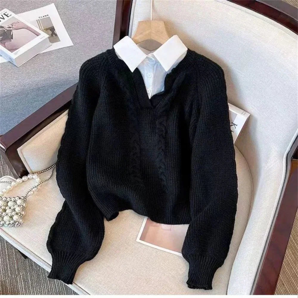 2025 Fashion New Casual Fall Winter Fake Two-piece Knitted Top for Women Autumn and Winter Long Sleeves Sweater for Women Tops