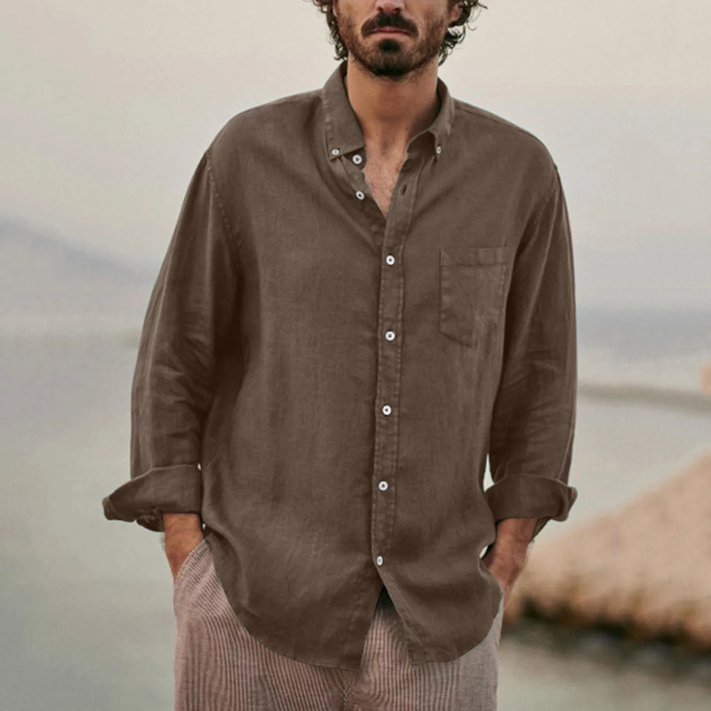 Men's Cotton Poly Linen Long Sleeve Shirt Summer Breathable Button Down Casual Loose Shirt With Chest Pocket Beach Vacation Tops