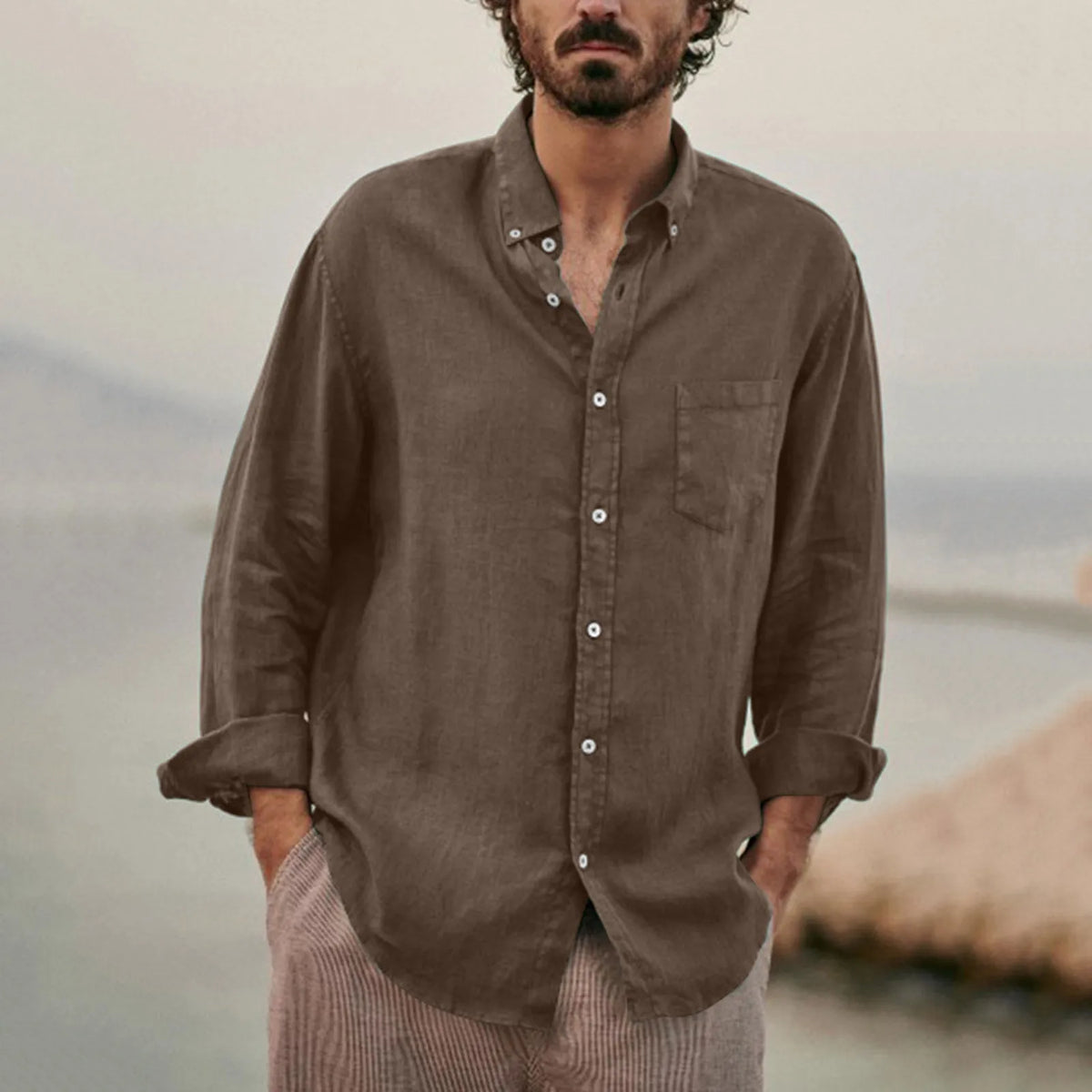 Men's Cotton Poly Linen Long Sleeve Shirt Summer Breathable Button Down Casual Loose Shirt With Chest Pocket Beach Vacation Tops