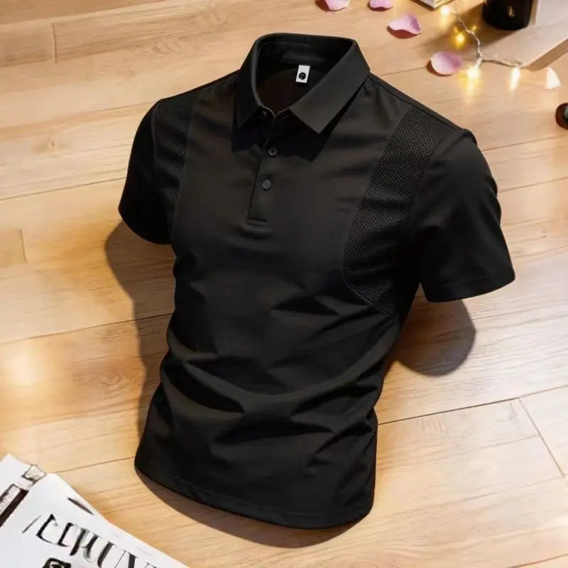 Men's Polo Shirt Short Sleeves Casual Patchwork Mesh Breathable Lightweight Button T-shirt Thin Solid Business Sporty T Shirt