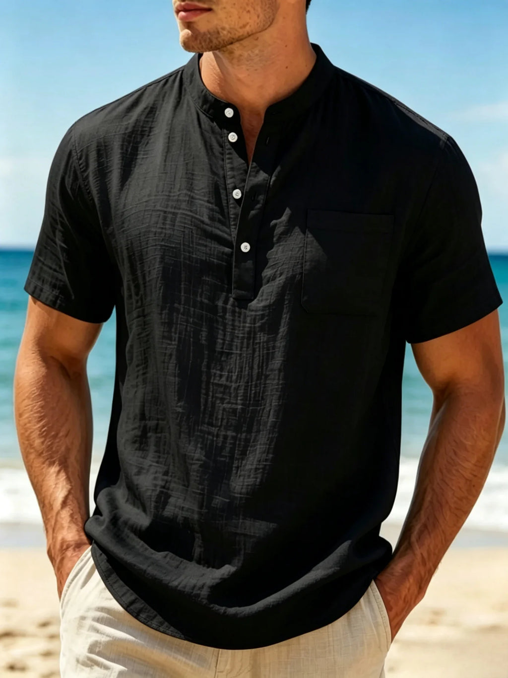 Men's Cotton Linen Blend Henley Shirt lightweight Breathable Casual Short Sleeve Beach Top with Chest Pocket
