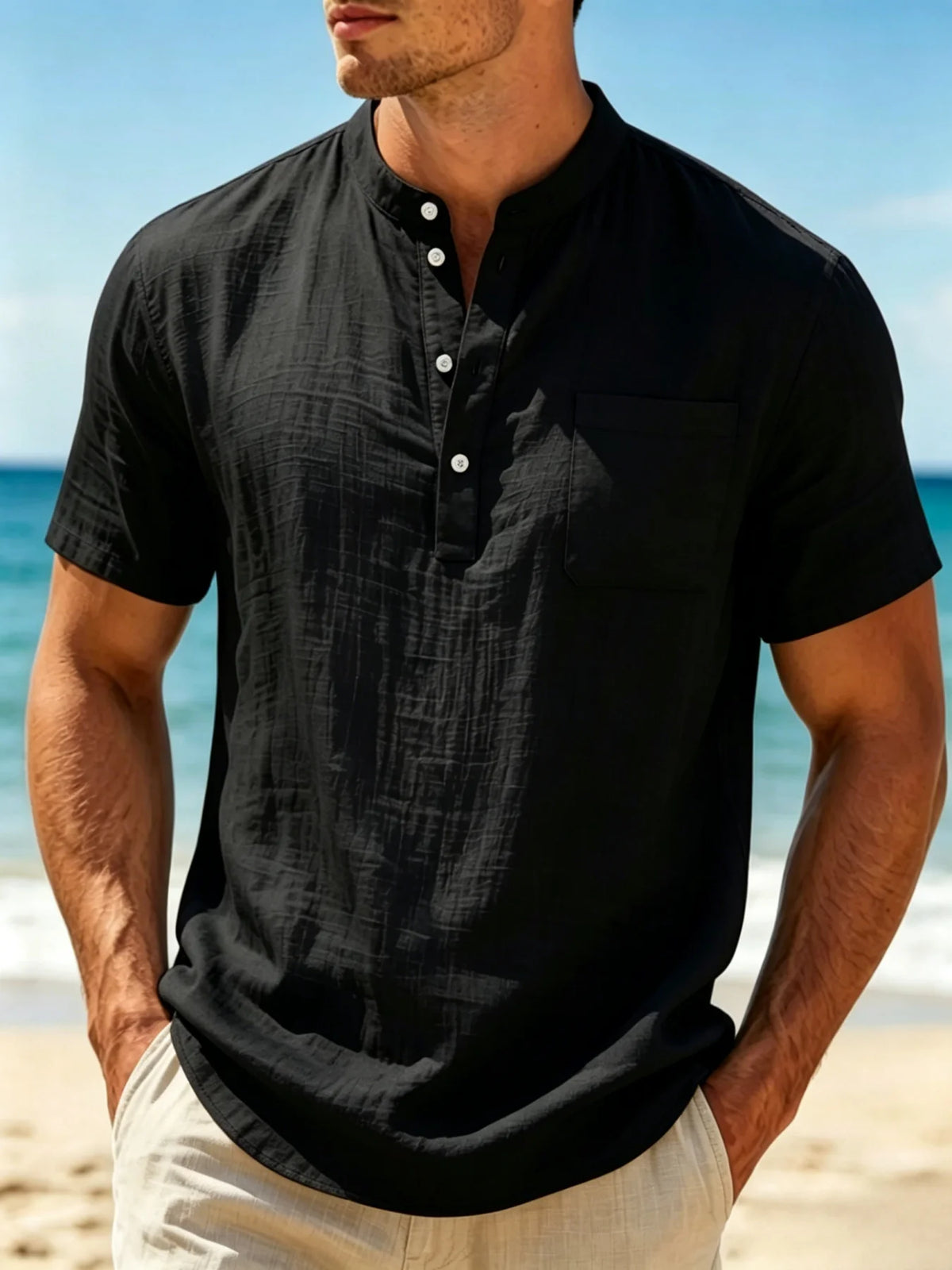 Men's Cotton Linen Blend Henley Shirt lightweight Breathable Casual Short Sleeve Beach Top with Chest Pocket
