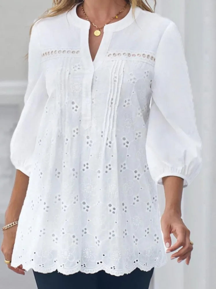 Women's Fashion Shirt Top White Lace Hollow Out V-Neck Pullover Casual Loose Shirt Tops Summer Elegant Office Womens Clothing