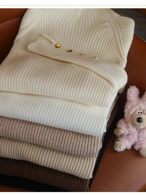 2026 Autumn Winter Sweater Women Pullovers Long Sleeve Tops Clothes Slim Knit Soft Jumper Streetwear Button Turtleneck Sweater