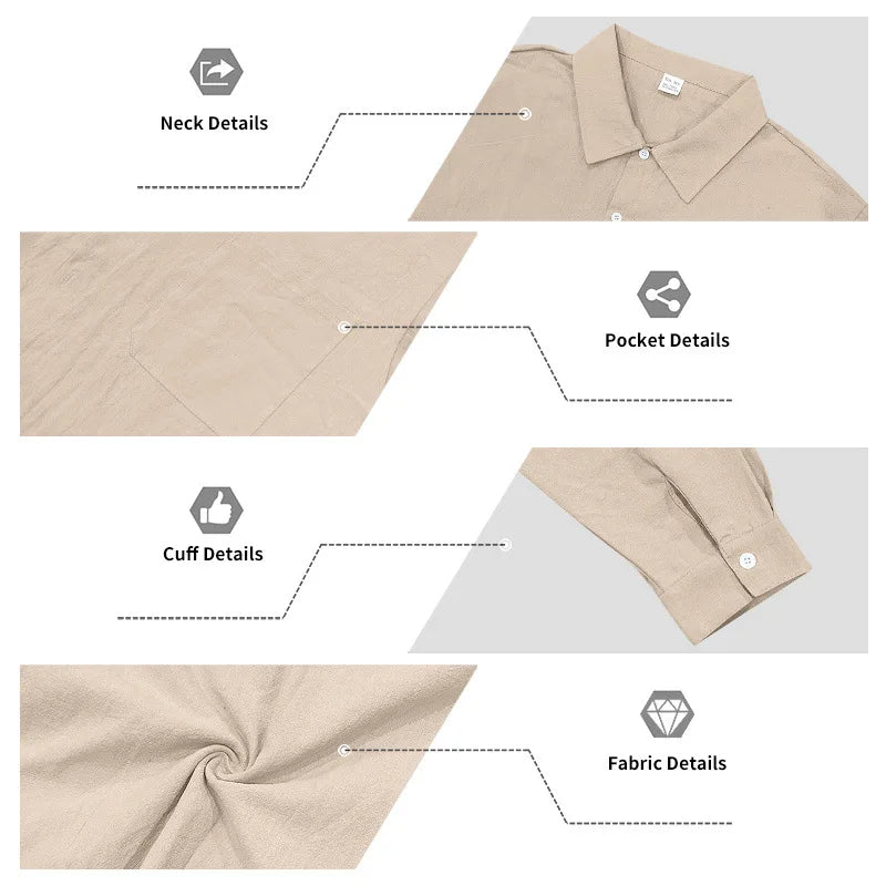 Casual Men's Loose Linen Lapel Pocket Button Casual Vacation Solid Color Long Sleeve Shirt Men's