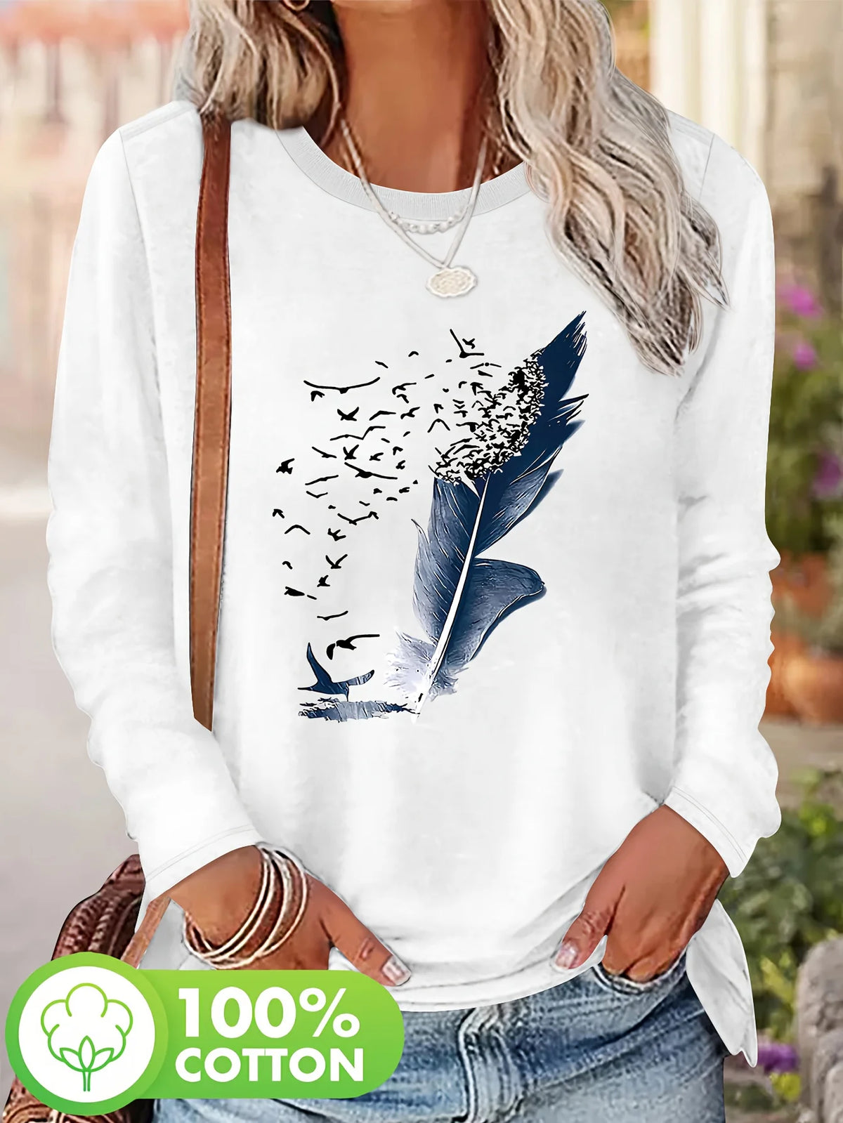 Women'S Cotton Long Sleeve T-Shirt Leaf and Birds Casual Top Fall Winter Fashion Ladies T Shirts Clothing Artistic Print Tee