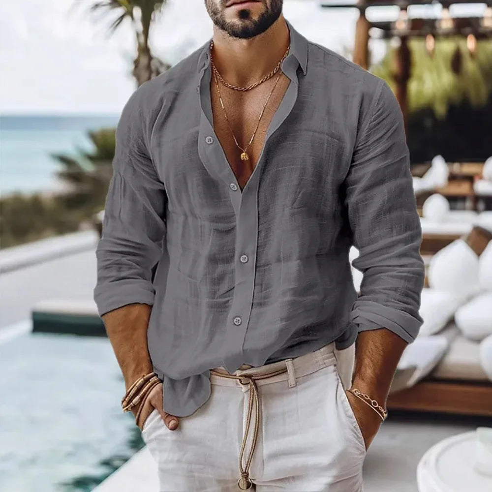 Cotton Linen Shirt for Men Summer Beach Style Solid Color Single Breasted Breathable Shirts Lightweight Stylish Button Tops