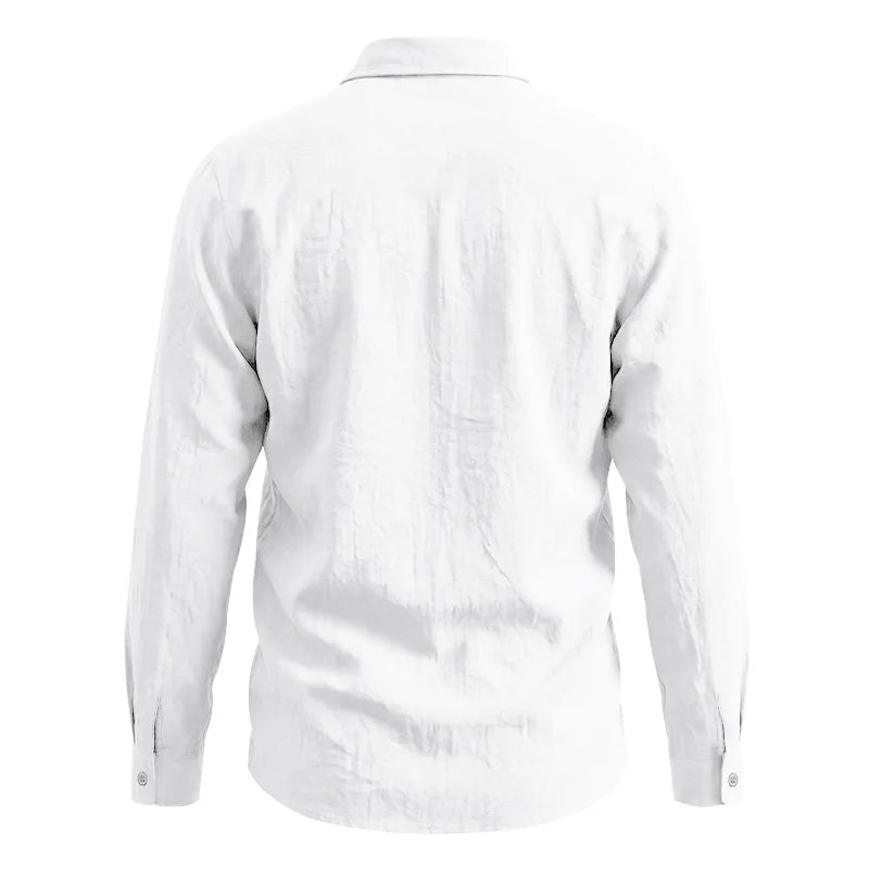 Casual Men's Loose Linen Lapel Pocket Button Casual Vacation Solid Color Long Sleeve Shirt Men's