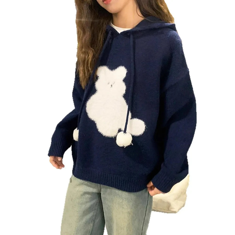 Cartoon Hooded Long Sleeve Sweater 2025 Autumn New Design Loose Top for Women