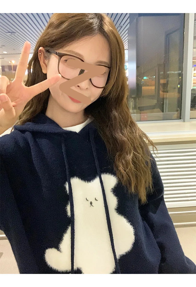 Cartoon Hooded Long Sleeve Sweater 2025 Autumn New Design Loose Top for Women