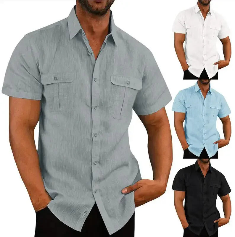 Cotton Linen Shirt Men Pocket Casual Beach Short Sleeve Solid Color Male Tops T-shirts Vintage Streetwear Comfort Casual Shirts