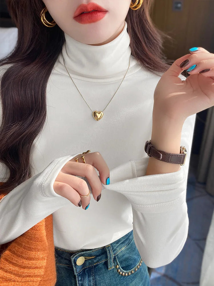 Winter Women Classic Basic Turtleneck Tops Lady Comfortable Thermal Long Sleeve Clothes Female Retro Versatile Elastic Pullover