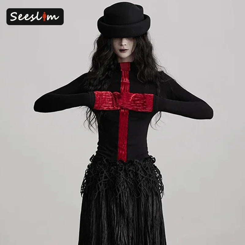 Seeslim Patchwork Turtleneck Women's T-shirt Goth 2000s Clothes Y2k Long Sleeve Autumn Winter Tops Tees Female Clothing Gothic