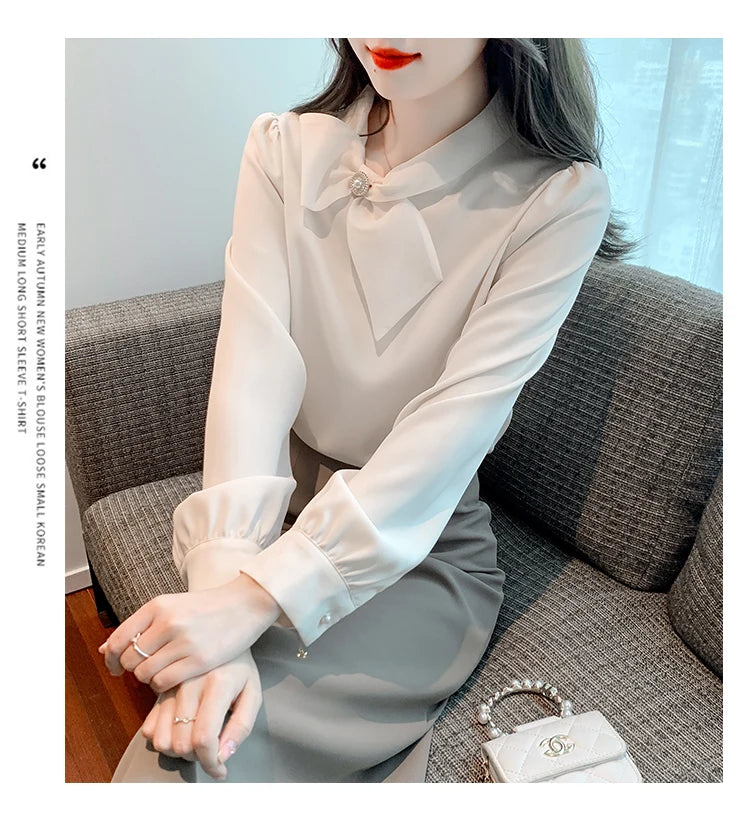 2025 Fashion Long Sleeve O-Neck Women Blouse Solid Bow Chiffon Elegant Blouse Shirt Women Tops Blusas De Mujer Camisas N674