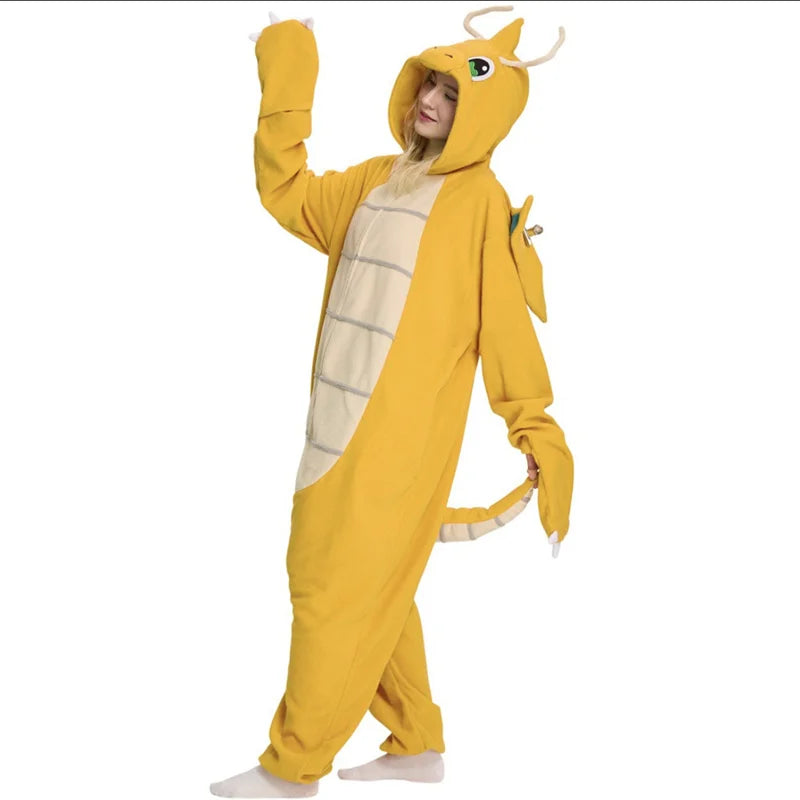 Women Onesies Dragnit Kigurumi Animal Pajamas Soft Fleece Yellow Dragon Cosplay Costume Halloween Christmas Party Outfit