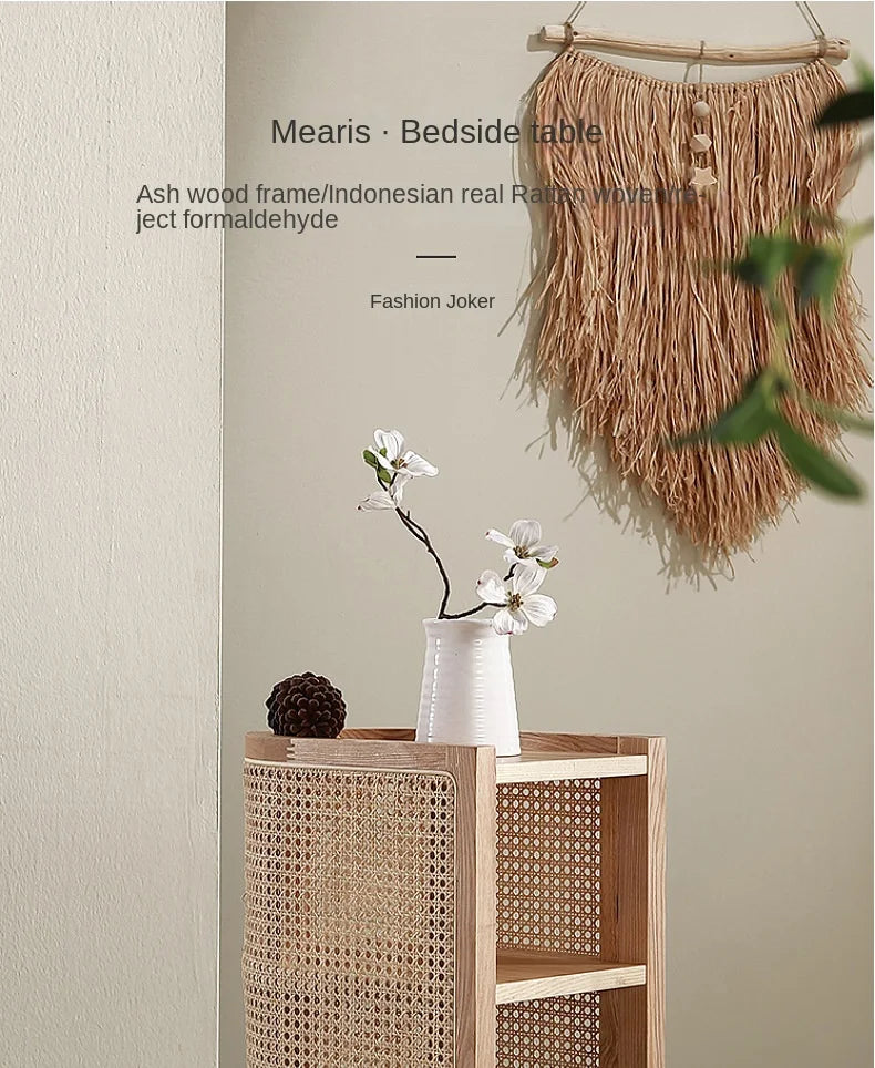JOYLIVE Modern Minimalist Style Creative Home Homestay Hotel Bedroom Solid Wood Rattan Bedside Table Edge Cabinet Drop-shipping
