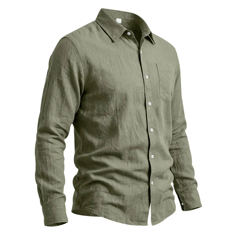 Casual Men's Loose Linen Lapel Pocket Button Casual Vacation Solid Color Long Sleeve Shirt Men's