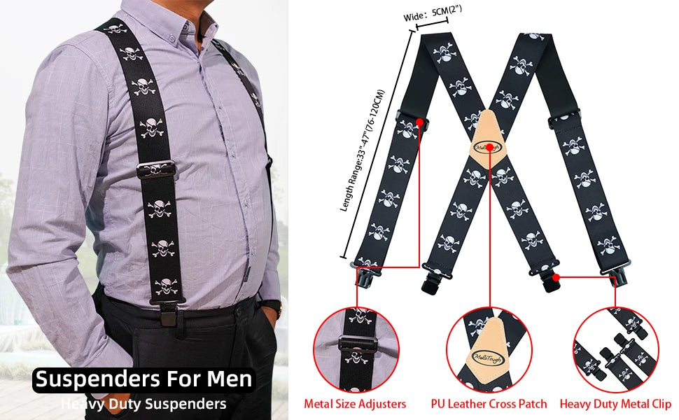 Suspenders Man For Pants 2" Wide Adjustable and Elastic Braces X Shape With Strong Clips - Heavy Duty Elastic Braces For Men