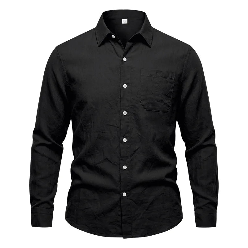 Casual Men's Loose Linen Lapel Pocket Button Casual Vacation Solid Color Long Sleeve Shirt Men's