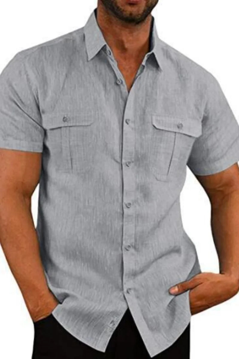 Men's Short Sleeve Linen Shirt - Casual Summer Style with Dual Pockets and Button-Down Front