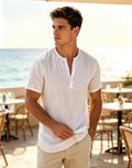 Men's Cotton Linen Henley Short Sleeve T Shirt Lightweight Breathable Solid Color Casual Loose Fit Summer Beach Vacation Top