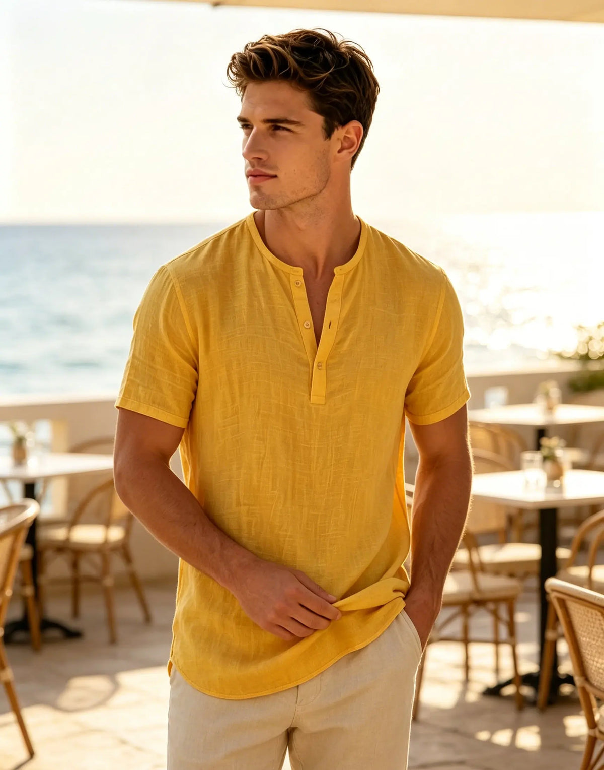 Men's Cotton Linen Henley Short Sleeve T Shirt Lightweight Breathable Solid Color Casual Loose Fit Summer Beach Vacation Top