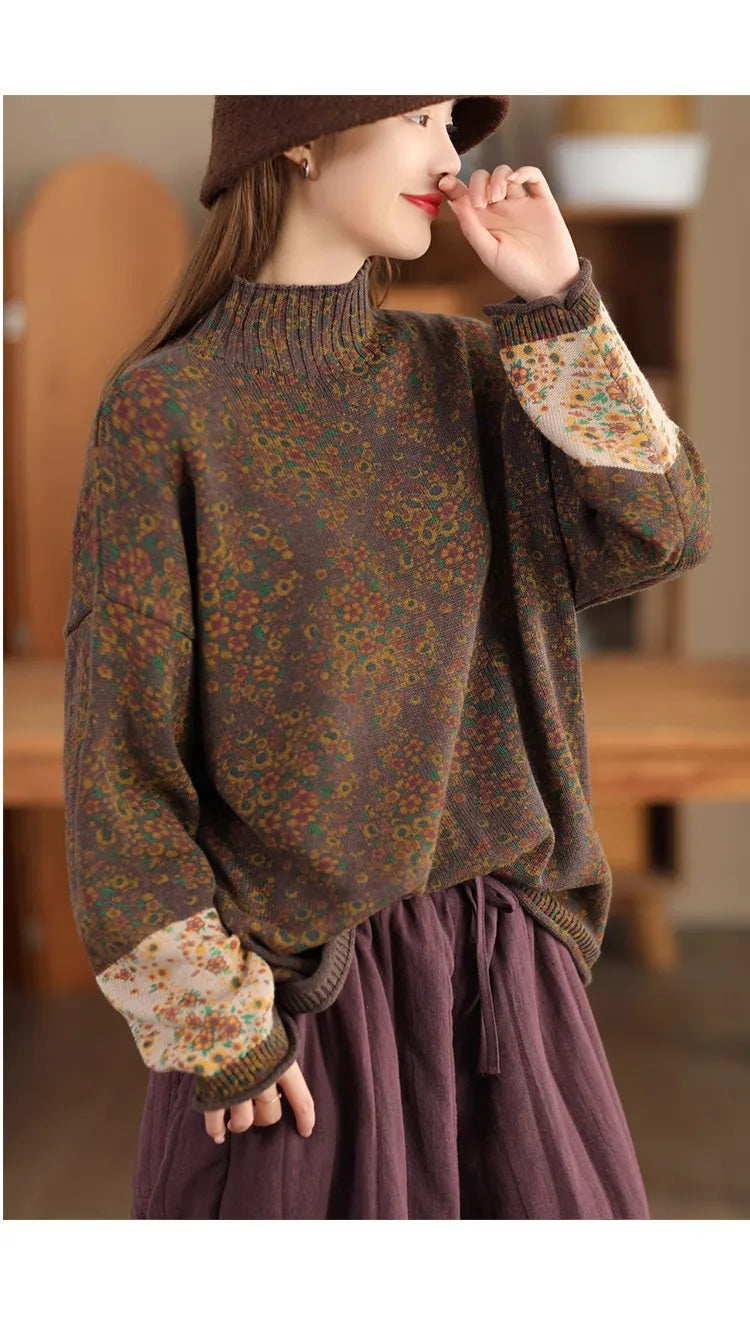 Winter Fall Fashion Vintage Floral Printed Half-turtle Neck Sweater for Women 2025 New Fashion Long Sleeve Loose Casual Knitwear