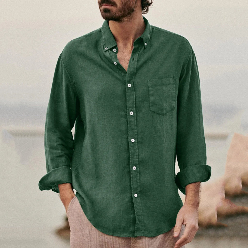 Men's Cotton Poly Linen Long Sleeve Shirt Summer Breathable Button Down Casual Loose Shirt With Chest Pocket Beach Vacation Tops