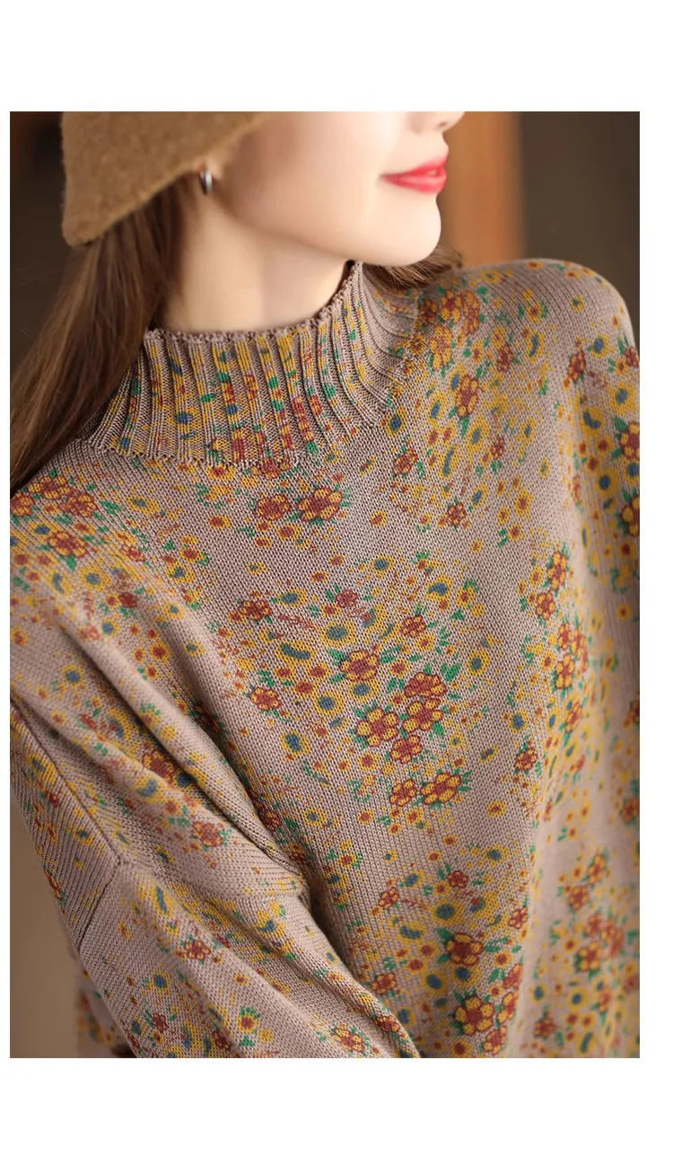 Winter Fall Fashion Vintage Floral Printed Half-turtle Neck Sweater for Women 2025 New Fashion Long Sleeve Loose Casual Knitwear