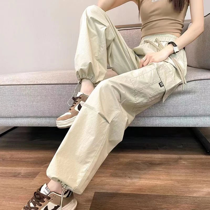 Fashion Women Joggers Pants Casual Female Chic Straight Cargo Pants Elastic High Waist Streetwear Slim Trousers Summer Thin