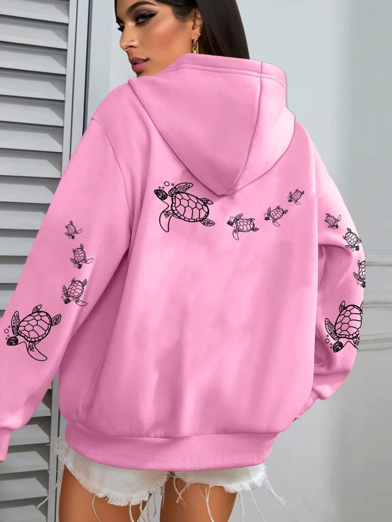 Creative Turtle Swimming Prints Women Clothing Hoodie Warm Sport Tops All-Match Comfortable Sportswears Soft Trendy Clothes