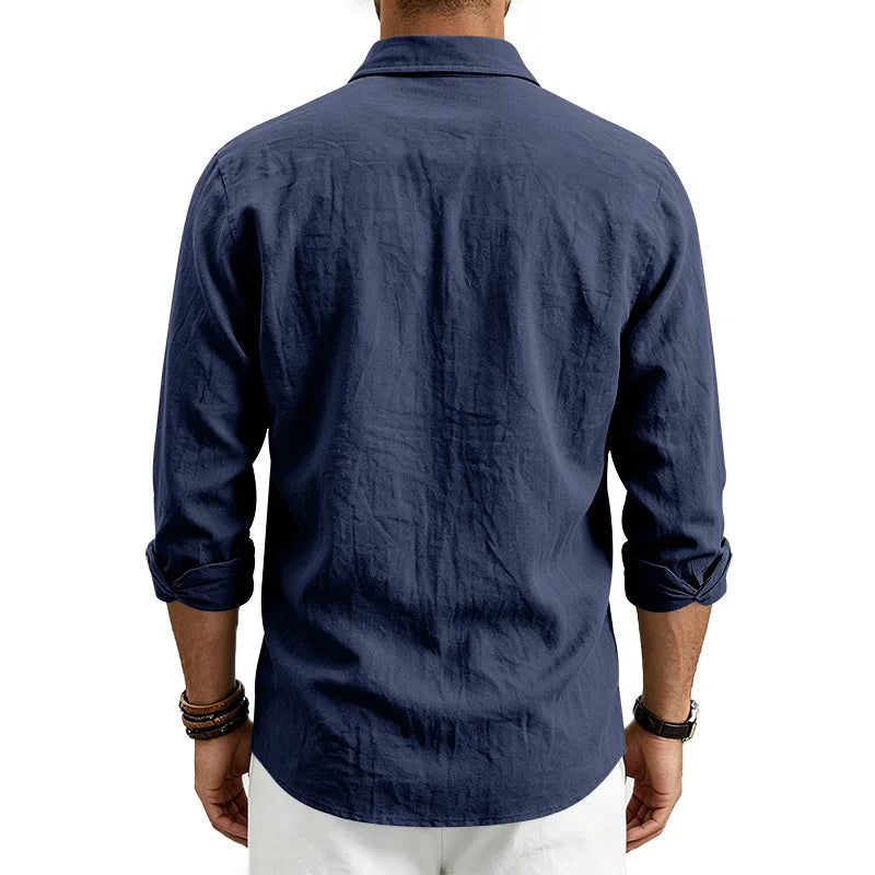 Casual Men's Loose Linen Lapel Pocket Button Casual Vacation Solid Color Long Sleeve Shirt Men's