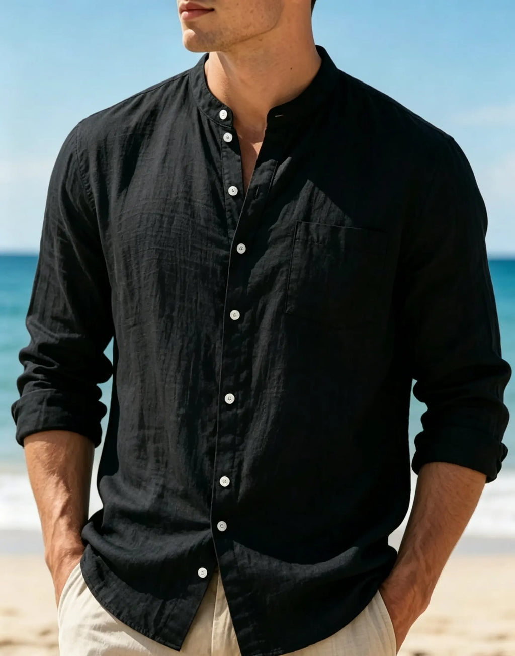Mens Cotton Linen Stand Collar Long Sleeve Shirt Chest Pocket Button Down Lightweight Casual Beach Blouse