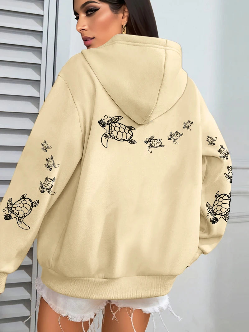 Creative Turtle Swimming Prints Women Clothing Hoodie Warm Sport Tops All-Match Comfortable Sportswears Soft Trendy Clothes