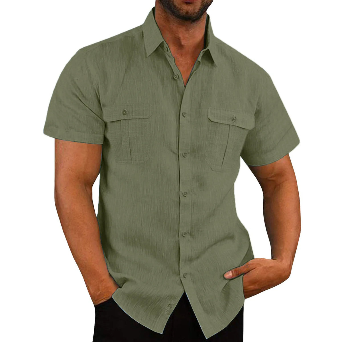 Men's Short Sleeve Linen Shirt - Casual Summer Style with Dual Pockets and Button-Down Front