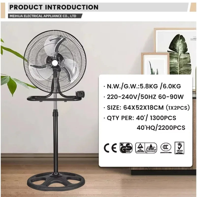 18\" Pedestal Floor & Wall Fan with Aerodynamic Blades 3 Speeds Mechanical Control Electric Power Source Metallic Finish