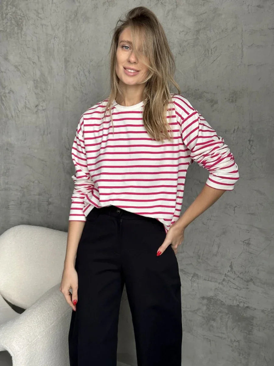 Wolfeel 2025 Summer Long Sleeve Striped T-Shirts Women Basic Casual Tops Female Cozy Loose Cotton Tees Harajuku T Shirt New