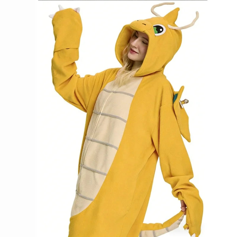 Women Onesies Dragnit Kigurumi Animal Pajamas Soft Fleece Yellow Dragon Cosplay Costume Halloween Christmas Party Outfit