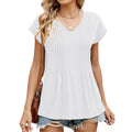 2025 Summer Casual Blouse Women Fashion Short Sleeve Shirts Women's V Neck Solid Color Pleated Tunic Blouse Loose Plus Size Tops